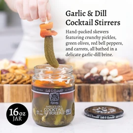 Sable & Rosenfeld Tipsy Garlic & Dill Cocktail Stirrers 16 oz Jar (Pack of 1), Hand-Packed Martini Pickles and Olive Skewers, Kosher, Non-GMO Gluten-Free Cocktail Garnish