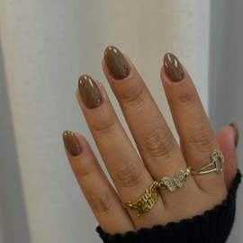 Light Brown Nails Press on, Short Oval Round Press on Nails SXVME Winter Glue on Nails Short Almond Fake Nails Best Acrylic False Nails Solid Colored Stick on Nails for Women 24Pcs Handmade Gel Nails