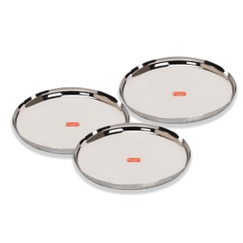 Sumeet Stainless-Steel Apple Shape Heavy Gauge Dinner Plates with Mirror Finish-34.6cm Dia, Set of 3pc, Silver