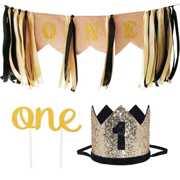 Mr One-derful Hight Chair Banner, Boy First Birthday Decorations Black and Gold Kits, One Year Old Birthday Photo Props Party Supplies (Black Gold Set 2)