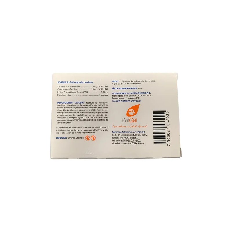 Lactopet Oral 20 Cápsulas Lactobacilos Probióticos y Prebióticos