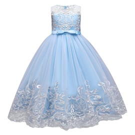 Sequin Flower Girls Lace Bridesmaid Dress for Kids Embroidery Wedding Pageant Tulle Party Ball Gown First Communion Dress Vintage Formal Prom Birthday Long Princess Bow Tie Dress Sky Blue 9-10 Years