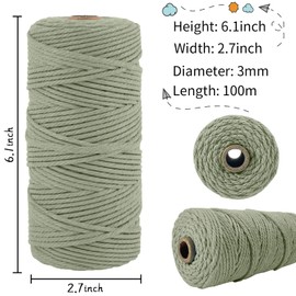 LEREATI Macrame Cord 3mm x 100m, Thick Macrame Rope Natural Cotton Rope Craft String, 4 Strand Twisted Cotton Cord Yarn for DIY Plant Hanger, Wall Hanging, Christmas Decoration (Bean green)