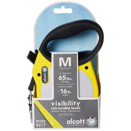 alcott Visibility Retractable Reflective Belt Leash, 16' Long, Medium for Dogs Up to 65 lbs., Neon Yellow with Reflective Accents