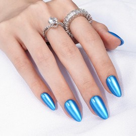 Canvalite Press On Nails Short Almond, 30Pcs Cat Eye Press on Nails Reusable Acrylic Fake Nails with Glue & Glue Remover Easy to Use Manicure Kit for Women, Blue