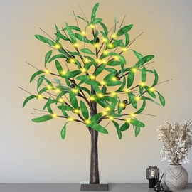 24 Inch Olive Tree with Lights - 2FT Lighted Olive Tree with 36 LED Lights, 12 Fruits, 72 Leaves, Timer Battery Operated Tabletop Artificial Lighted Tree for Decorations Indoor