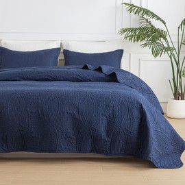 SheRest Twin Quilt Bedding Set - Soft Breathable Bed Quilt, Modern Style Embossed Bedspreads, Lightweight Microfiber Reversible Coverlet for All Seasons, Navy Blue, 1 Quilt&1 Pillow Sham