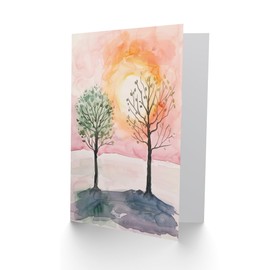 Artery8 Greeting Card Two Summer Trees in Pink Orange Sunset Landscape Blank For Him Or Her Art Birthday Card