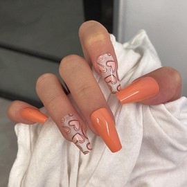 Bufenia Coffin Fake Nails Leopard Ballerina Heart False Nail Acrylic Press on Nails Long 24 Pieces for Women and Girls (A)