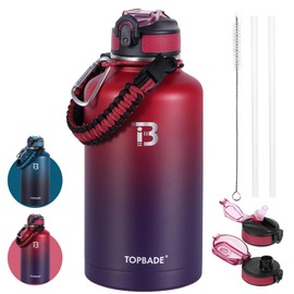 TOPBADE Half Gallon Insulated Water Bottle with Paracord Handle, 64oz Stainless Steel Water Bottle with 2 Lids(Straw & Spout), Leak Proof Water Flask Jug Keep Hot 24 Hours & Cold 48 Hours