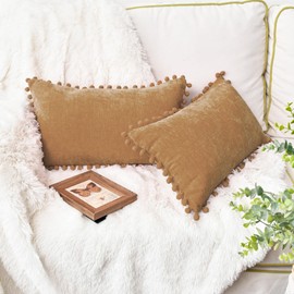 CaliTime Throw Pillow Cases Pack of 2 Cozy Solid Dyed Soft Chenille Cushion Covers with Pom Poms for Couch Sofa Home Decoration 12 X 20 Inches Apricot Brown