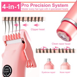 WillowGlow 4-in-1 Bikini Trimmer for Women, Painless & Waterproof Electric Razor for Silky Smooth Bikini Line, Legs & More, Rechargeable with LED Light (Pink)