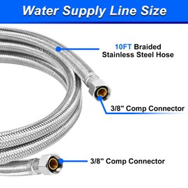 10FT Stainless Steel Braided Dishwasher Water Supply Line, 3/8" Compression x 3/8" Compression, NSF Certified PEX Inner Tube, For Standard Residential Installations