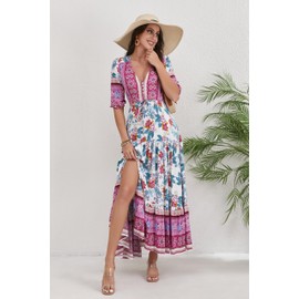 HECCPLI Women Short Sleeve V Neck Floral Print Casual Bohemian Maxi Dresses