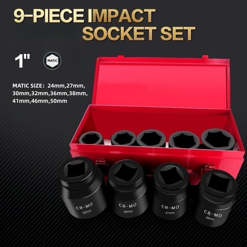 TONYNOL 1" Inch Drive Deep Impact Socket Set,9 Pieces,6-Point,Metric Sizes(24mm,27mm,30mm,32mm,36mm,38mm,41mm,46mm,50mm),Cr-Mo