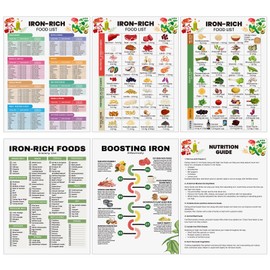 Honoson 6 Pcs High Iron Food List Poster Iron Rich Foods Chart 8.5x11 Healthy Nutritional Eating Guide Patient Education Mineral Product Anemia Diet Chart for Pregnant Women Hospital Kitchen Wall