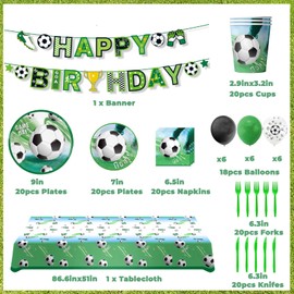 Soccer Party Decorations, 140 PCS Soccer Birthday Party Decorations - Serve for 20 Guests, Include Plates, Napkins, Cups, Banner, Balloons, Tablecloth, Knives and Forks Soccer Theme Party Decorations