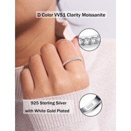 Oivley Moissanite Wedding Bands for Women - Half Eternity, Thin Sterling Silver & White Gold Plated Stackable Anniversary Bands - D Color Moissanite - 65
