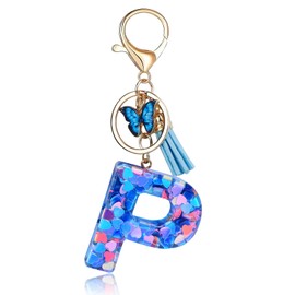 Cute Initial Letter Keychains Keychain for Women Girls Fashion Car Key Chain with Tassel& Metal Butterfly P