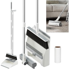 Broom And Dustpan Combo Set, Dust Pan with 3-In-1 Reusable Lint Roller Design 180° Brooms with Self-Cleaning Teeth for Floor Bathroom Kitchen Shower Tile Pet Hair Carpet Couch with 1 Extra Lint Roller