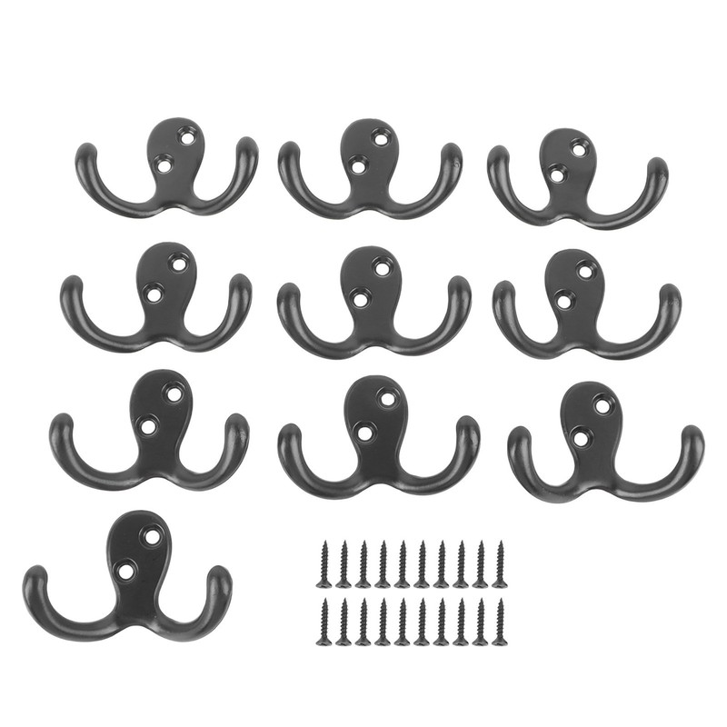 10pcs Black Double Prong Coat Hooks Wall Mounted Retro High