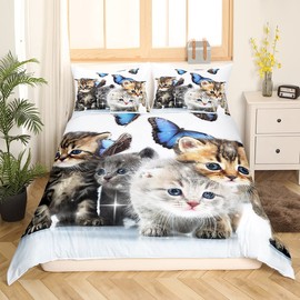 Cats Kids Bedding Set Cute Kitten Pattern Comforter Cover for Girls Boys Women Kawaii Cat Animal Printed Duvet Cover Blue Butterflies Decor Quilt Cover Lovely Cat Pattern Bedspread, Twin Size