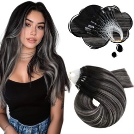Moresoo Micro Ring Real Hair Extensions, 45 cm, Black and Silver Hair Extensions, Silky Smooth for Any Activity, 50 g, 50 Strands, #1B/S/1B