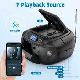 CD Cassette Player Combo, Hernpark Rechargeable Boombox with Bluetooth 5.1, Tape Recording, FM Radio, Super Bass, Stereo Sound, Aux/USB Drive, Headphones Jack, Boom Box for Indoor Outdoor