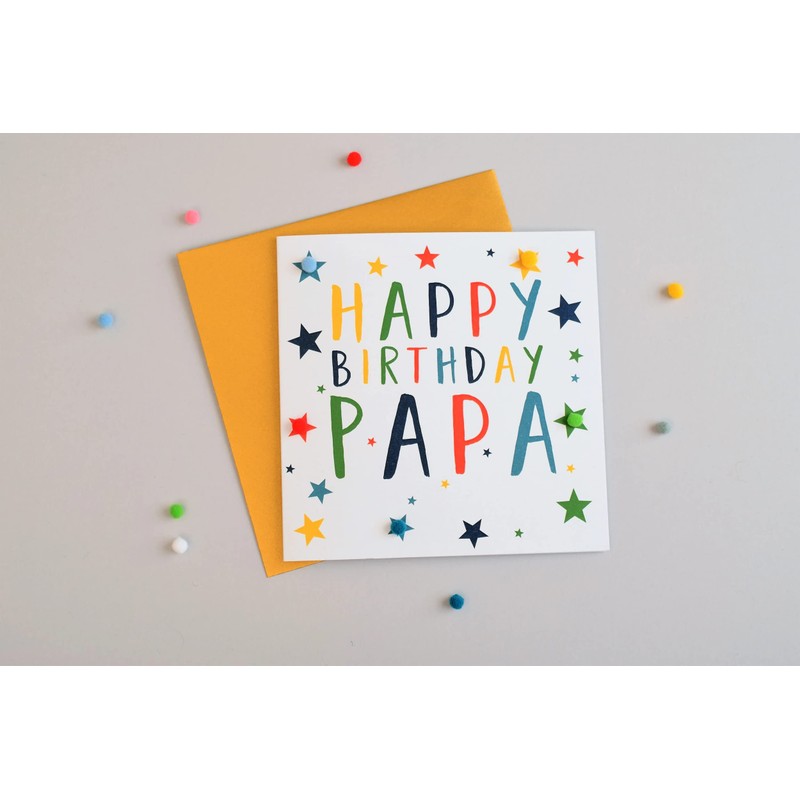 Birthday Card, Stars, Happy Birthday, Papa, Embellished with Colourful Pompoms
