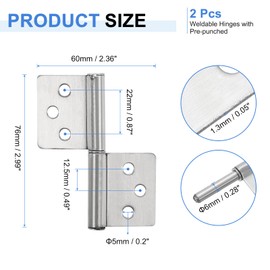 sourcing map 2Pcs 3" x 2-3/8" (LxW) 304 Stainless Steel Weldable Hinges with Pre-Punched Lift Off Hinge Flag Hinges Detachable Door Hinges for Metal Gate Swing Door Trailer Ramp, Silver
