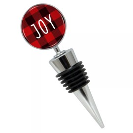 VILLA CRAFT Joy Christmas Red Plaid Pocelain Wine Bottle Stopper in Gift Box, Perfect for