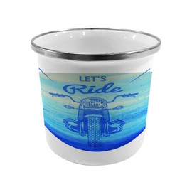 Ambesonne Hand Drawn Steel Camping Mug, Vintage Hand Drawn Motorcycle with Lets Ride Words Poster Image, Printed Thermal Cup for Camping and Outdoor Activities, Sky Blue and Dark Blue