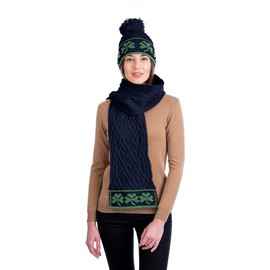 100% lana de merino – Sombrero de trébol irlandés Aran Knit Beanie Pom Pom estilo para mujer, Azul marino/flor y brillo, Talla única