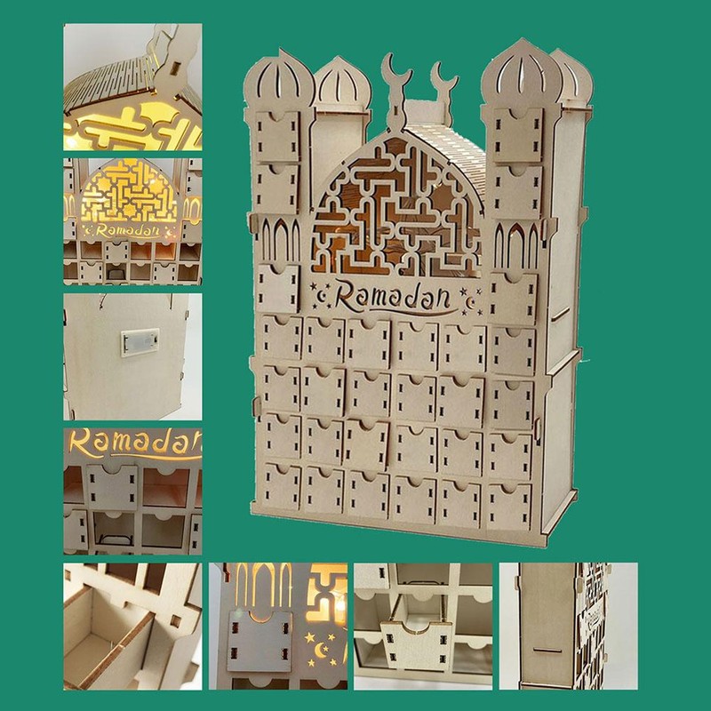 Wooden Ramadan Calendar 30 Storage Drawers LED Light Decorative DIY