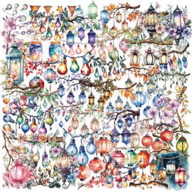 50PCS Watercolor Hanging Lantern and String Light Stickers – Clear Tree Branch Scrapbook Stickers for Journaling, Card Making, Planners, Crafts, Holiday Art Projects