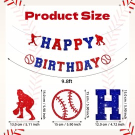 Baseball Happy Birthday Banner – Red and Blue Glitter Letter Sign with Baseball and Player Silhouettes – Sports-Themed Party Decoration for Boys' Birthday or Team Celebrations