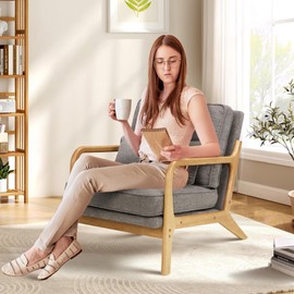 COLAMY Mid Century Modern Accent Chair with Lumbar Pillow, Relaxing Armchair with Solid Wood Frame & Soft Cushion, Reading Leisure Chair for Living Room,Bedroom,Waiting Room（Grey）