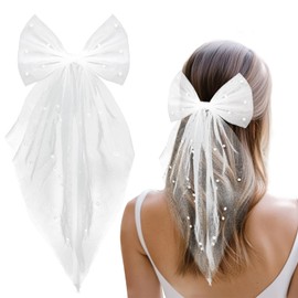 BETESSIN JGA Bridal Veil - White Veil with Pearls & Bow - Bridal Hair Accessories with Hair Clip - Elegant Bridal Veil for Stag Night & Wedding, White