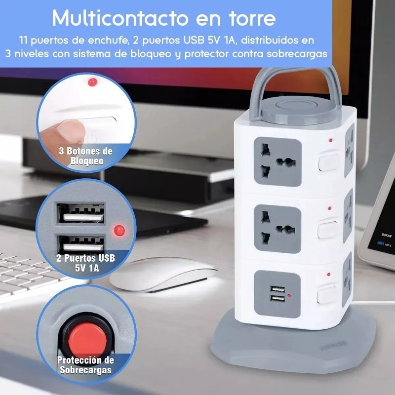 Total Supplier Multicontacto Universal Torre Regleta 11 Puertos 2 Usb