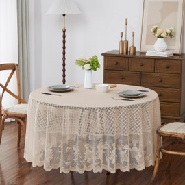 LinenZone 90 Inch Round Vintage Tablecloth. Each Lace Tablecloth Adds a Touch of Nostalgic Elegance to Your Farmhouse, Country, Shabby Chic or Rustic Table Decor. (Sherry Round 90, Linen)