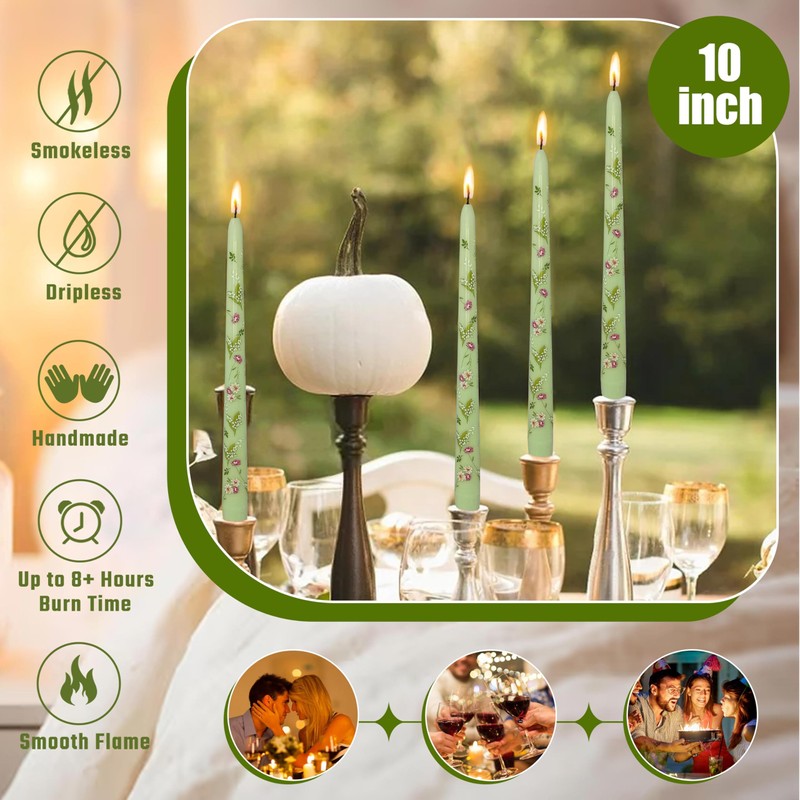 Scandinavian Tall Candle 10 in Green Printed Taper Candles Hand