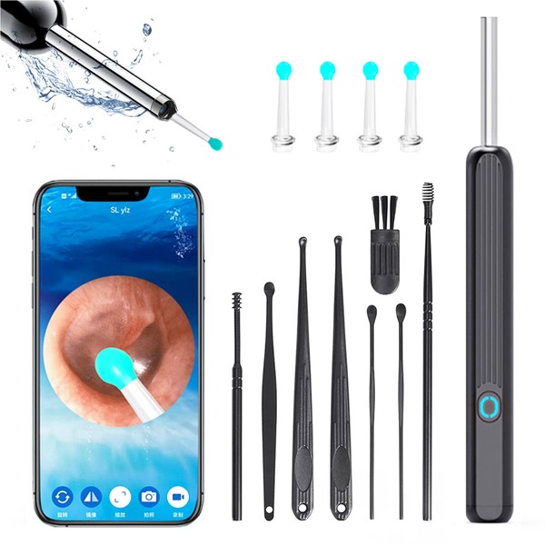 Ear Wax Removal Kit,1296p Hd Ear Wax Removal,Wireless Ear Wax Removal Tool Camera with 3.6mm Visual Ear Otoscope and Led Lights,with 8 Pcs Metal Ear Picks & 4 Ear Spoons for Adults,Kids And Pets (Black)