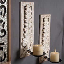 SOFE Openwork Carving Wall Candle Sconces - Set of Two, Distressed White Finish Wooden Candle Holder, Rustic Farmhouse Candle Wall Decor