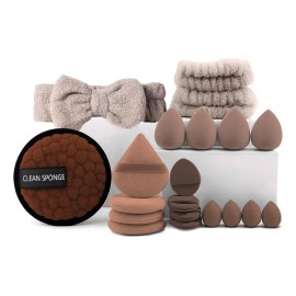 Esponja Maquillaje Beauty Cara Blender Aplicador Para Base Color Marrón,20 Unidades sin latex para todo tipo de cosmético líquido y crema,incluye diferentes tipos y tamaños de esponjas y soplos de pol