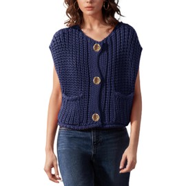 Hvewarm Womens Casual Chunky Knit Vest Gold Button Down Crop Crochet Sleeveless Sweater Vest (Navy-XS)