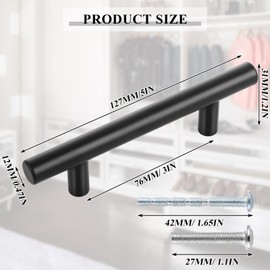 ASelected 10PCS Kitchen Door Cupboard Handles,127 MM Black Cabinet Door Pulls Handles,76 mm Hole Spacing Stainless Steel T Bar Handles with Screws for Wardrobe,Dresser,Door,Gate,Cabinets,and Drawers