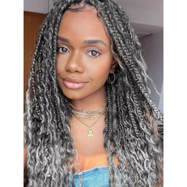 Goddess Box Braids Crochet Hair for Women 18 Inch 8 Packs Boho Crochet Box Braids with Curly Ends Bohemian Pre-looped Box Braids Crochet Braiding Hair Extensions(18inch,1B/Gray)