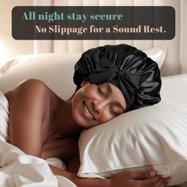 FOLAI Seidenkappe mit lockigem Haar, 1 x Nachthaube, Schlafmütze aus Seide mit verstellbaren Riemen, Schlafmütze aus Satin, weich und bequem, schwarz