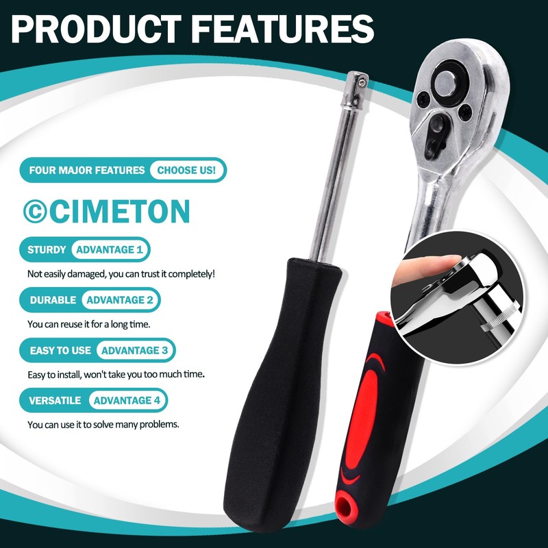 Cimeton 46Pcs 1/4 Inch Drive Socket Ratchet Wrench Set Includes