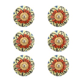 Rasiya Art Floral Ceramic Yellow Knobs Handles - Indian Handmade Cabinet Dresser Pull Handle Kitchen Cupboard Wardrobe Drawer Pulls Boho Furniture Hardware - Pack of 4